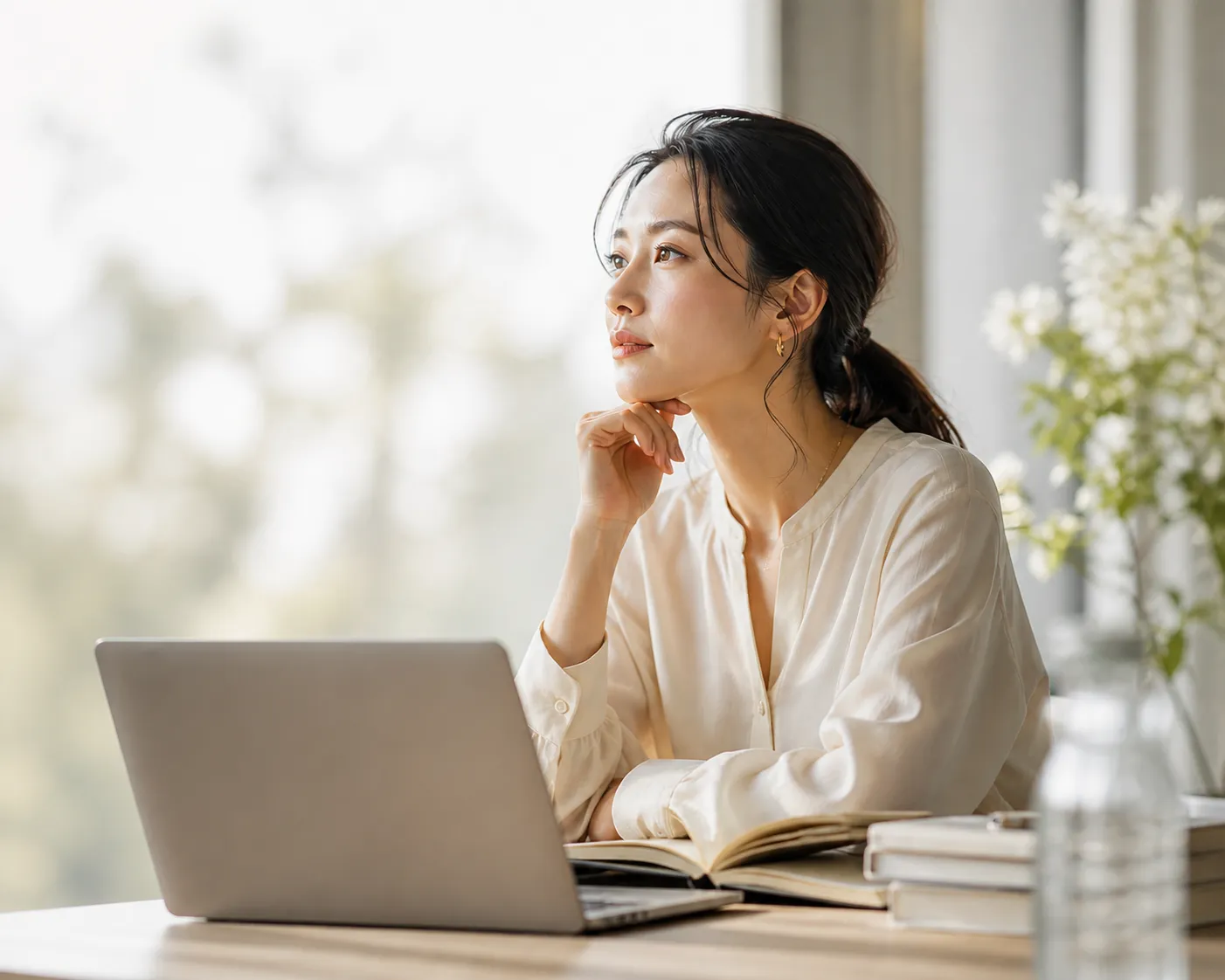 窓辺で物思いにふける女性。MOREARIA が大切にする「自分らしいあり方を共に探す場所」を象徴するイメージ